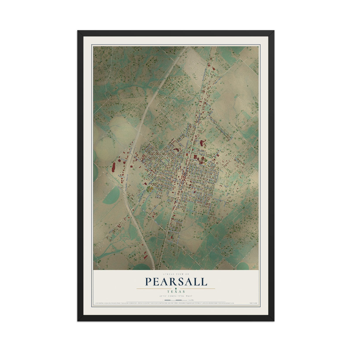 Map of Pearsall, Texas, 12 x 18 inch print in a black wood frame