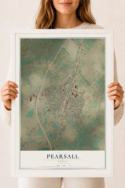 Map of Pearsall, Texas, 18 x 24 inch print in a white wood frame