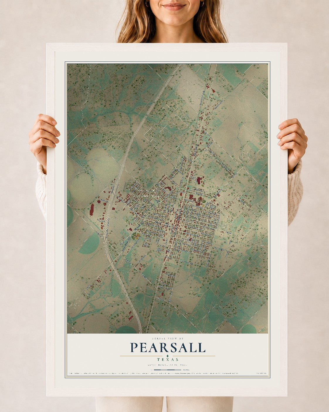 Map of Pearsall, Texas, 24 x 36 inch print in a white wood frame