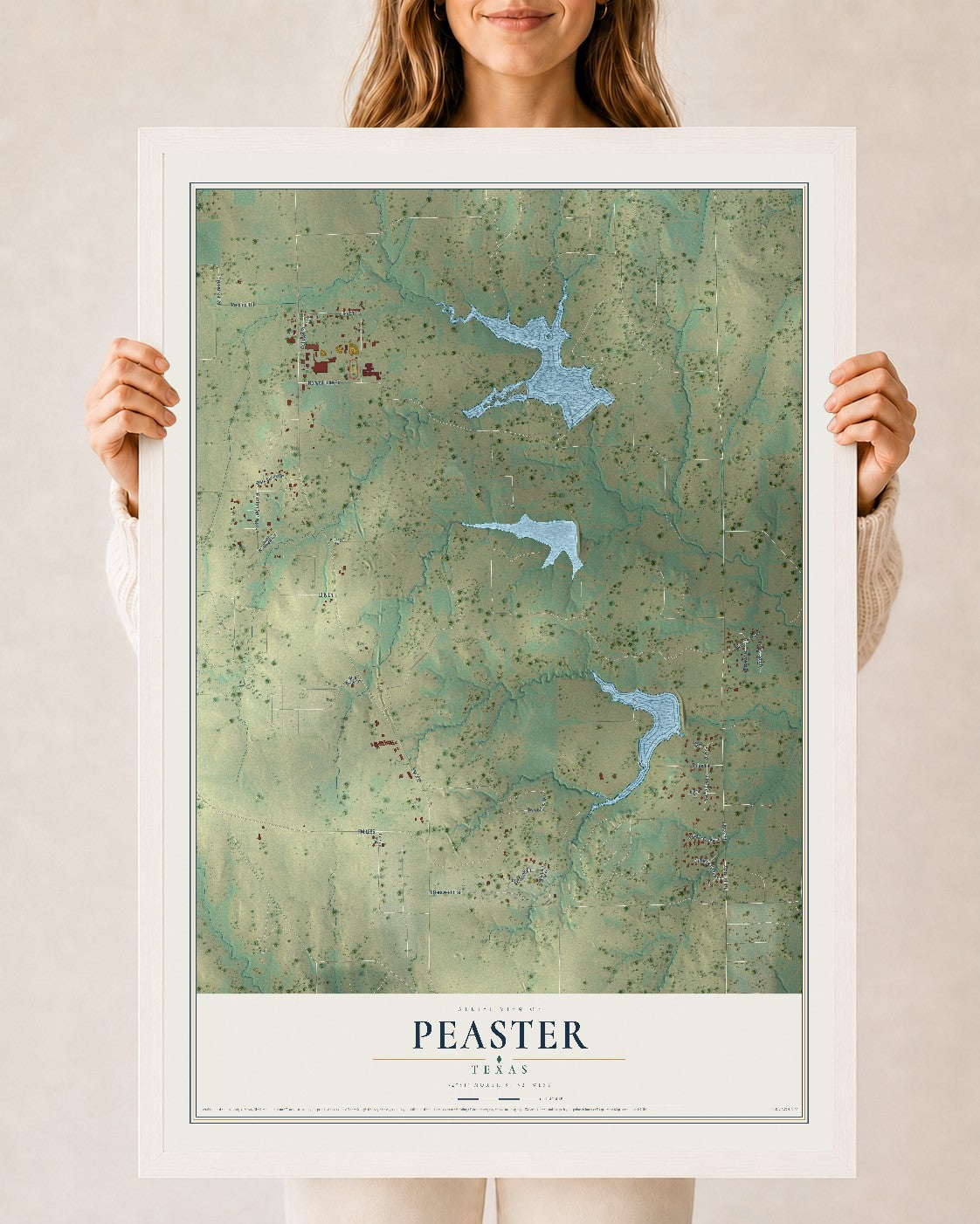 Map of Peaster, Texas, 24 x 36 inch print in a white wood frame