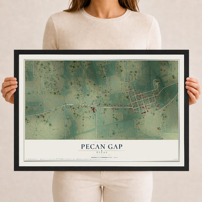 Map of Pecan Gap, Texas, 12 x 18 inch print in a black wood frame