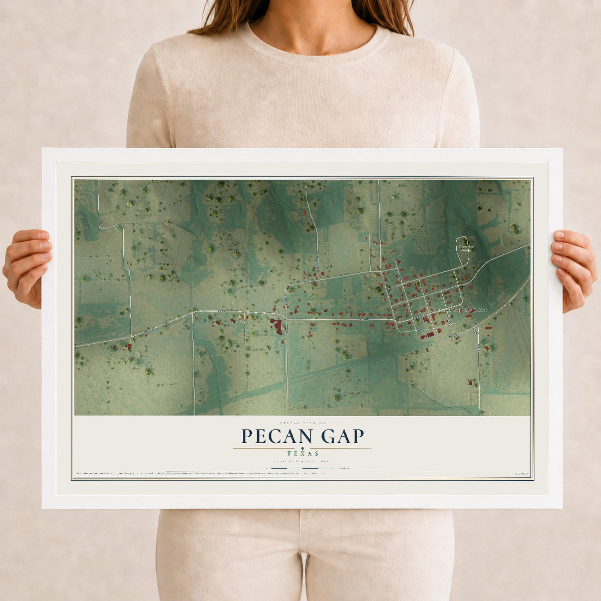 Map of Pecan Gap, Texas, 12 x 18 inch print in a white wood frame