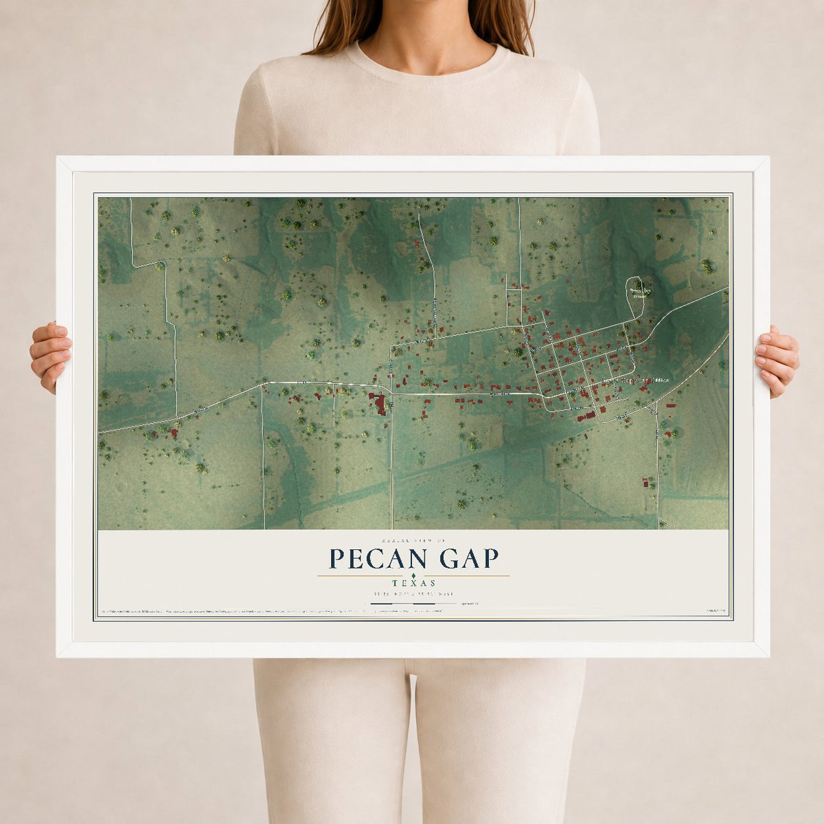 Map of Pecan Gap, Texas, 24 x 36 inch print in a white wood frame