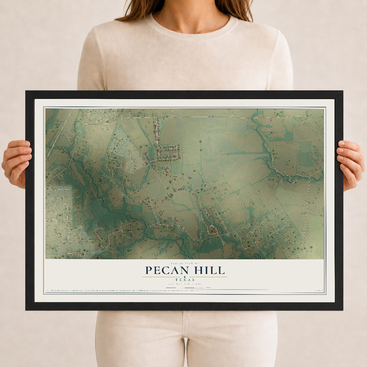 Map of Pecan Hill, Texas, 12 x 18 inch print in a black wood frame