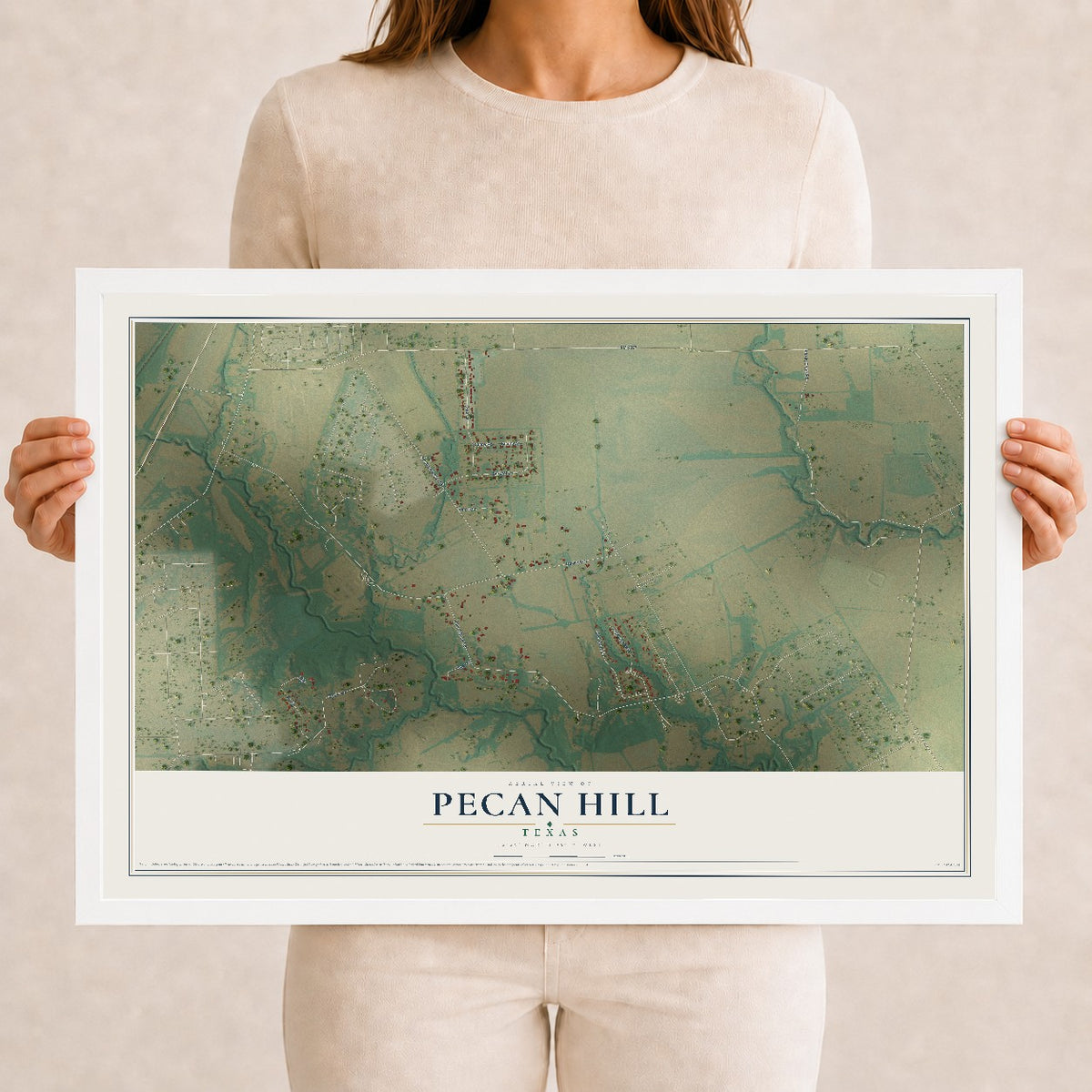 Map of Pecan Hill, Texas, 12 x 18 inch print in a white wood frame