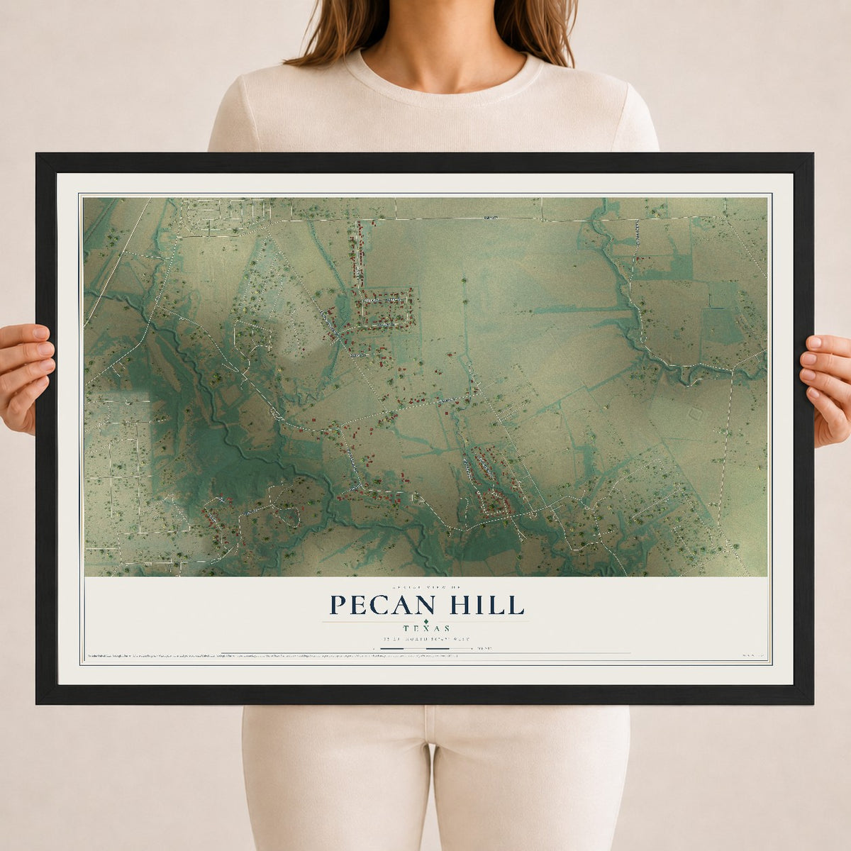 Map of Pecan Hill, Texas, 18 x 24 inch print in a black wood frame