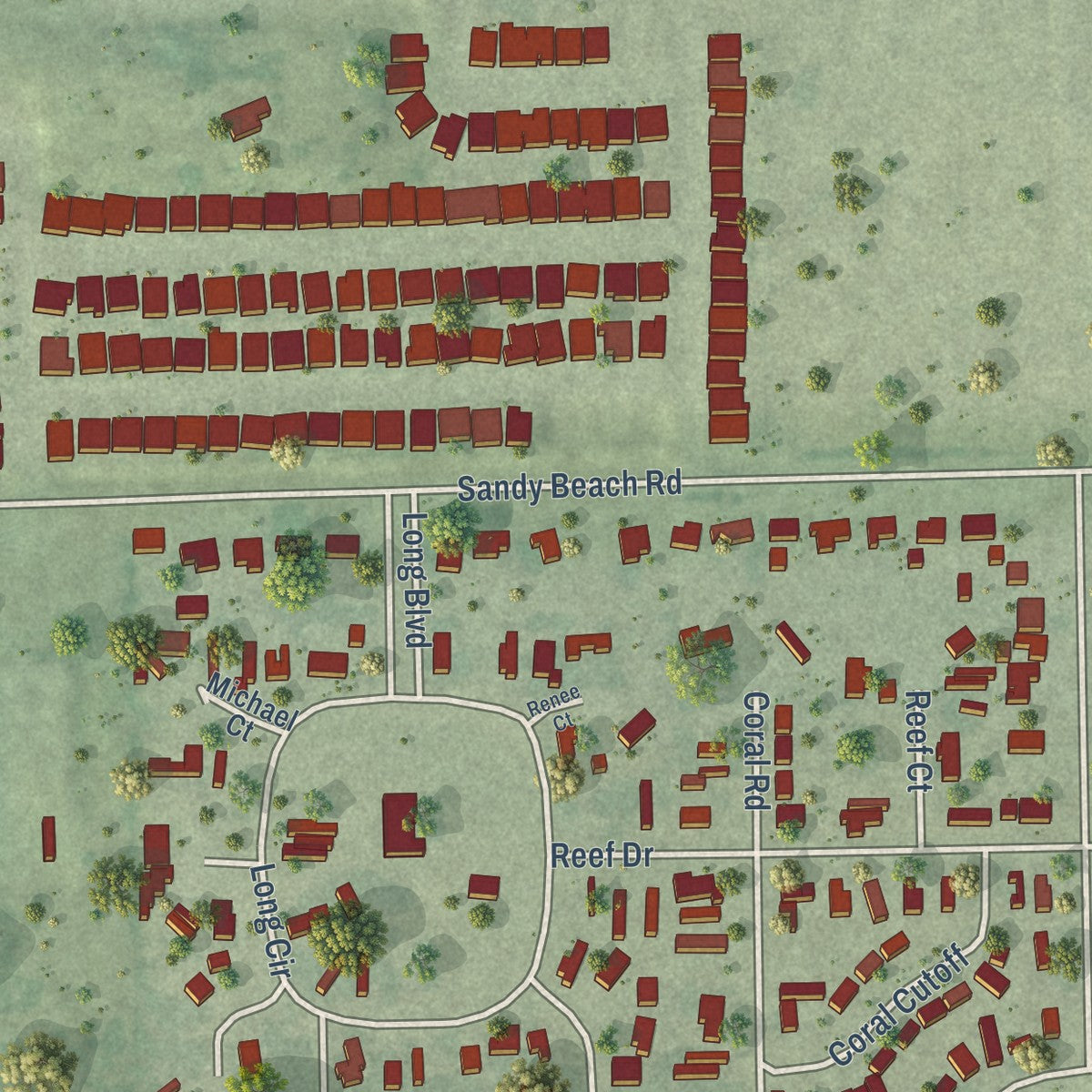 Second close-up of the map of Pelican Bay, Texas print showing more streets and buildings