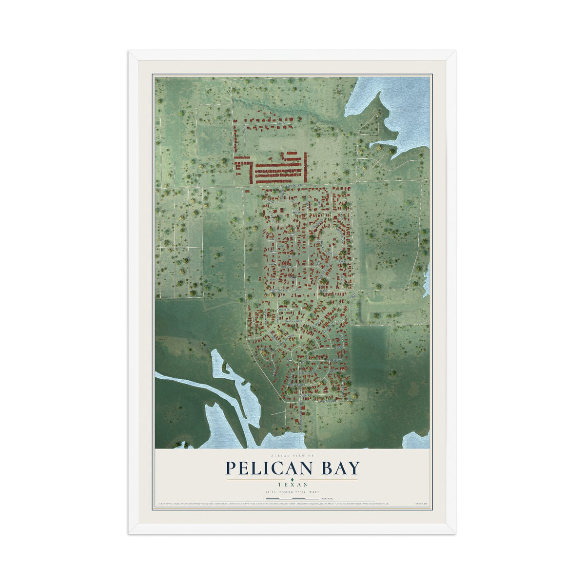 Map of Pelican Bay, Texas, 12 x 18 inch print in a white wood frame