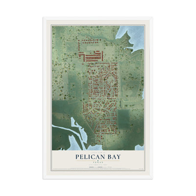 Map of Pelican Bay, Texas, 12 x 18 inch print in a white wood frame