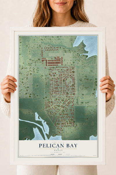 Map of Pelican Bay, Texas, 18 x 24 inch print in a white wood frame
