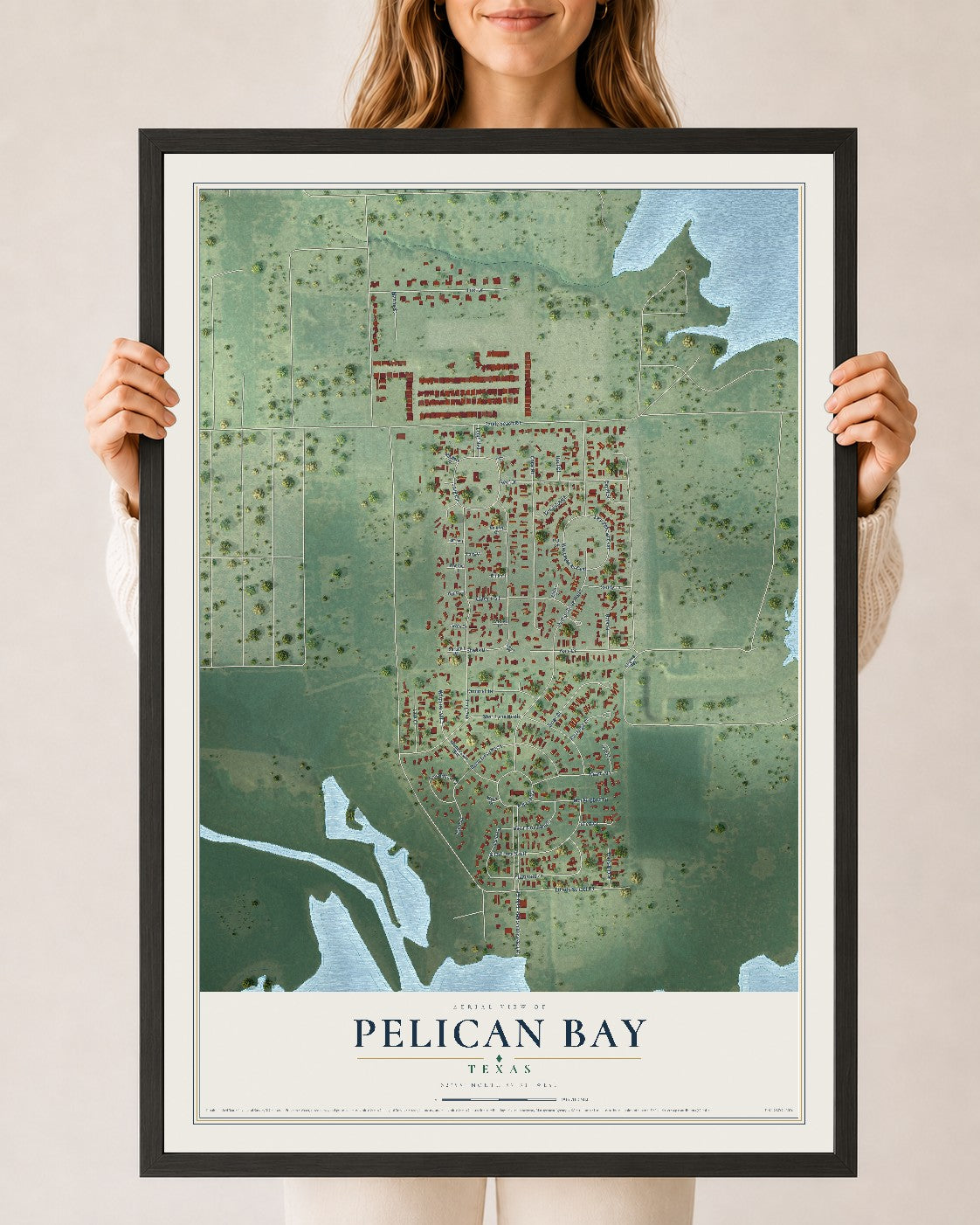 Map of Pelican Bay, Texas, 24 x 36 inch print in a black wood frame