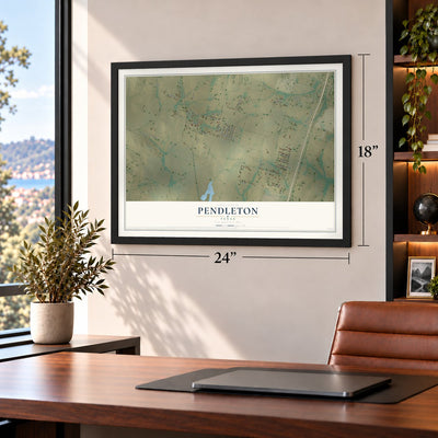Pendleton, Texas map, 18 x 24 inch print in a black frame in a home office