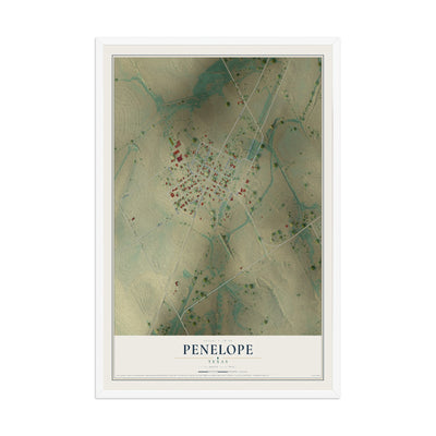 Map of Penelope, Texas, 12 x 18 inch print in a white wood frame