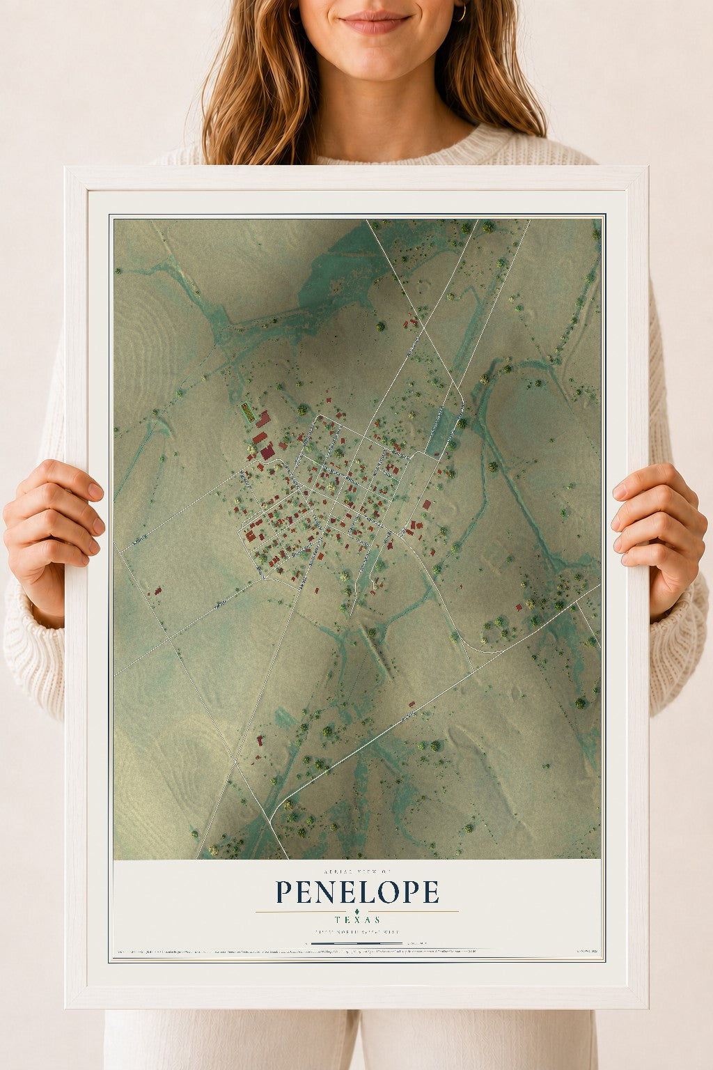 Map of Penelope, Texas, 18 x 24 inch print in a white wood frame