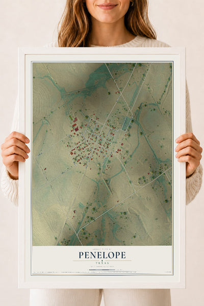 Map of Penelope, Texas, 18 x 24 inch print in a white wood frame