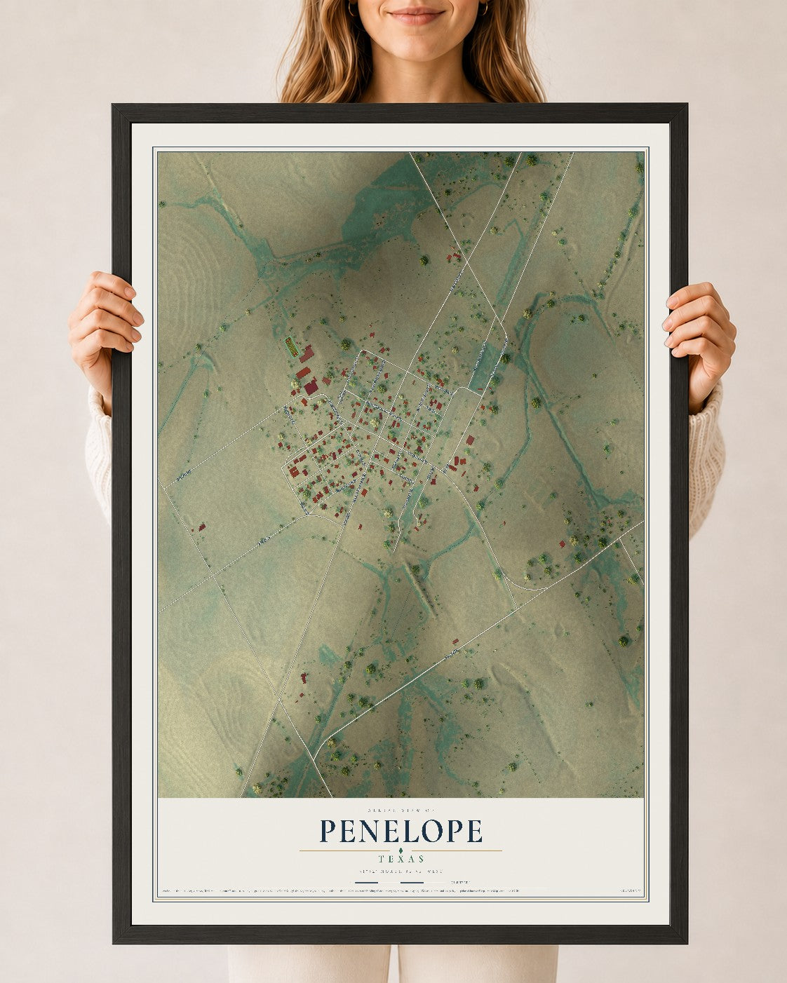 Map of Penelope, Texas, 24 x 36 inch print in a black wood frame