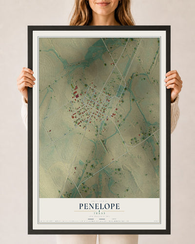Map of Penelope, Texas, 24 x 36 inch print in a black wood frame