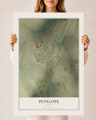 Map of Penelope, Texas, 24 x 36 inch print in a white wood frame