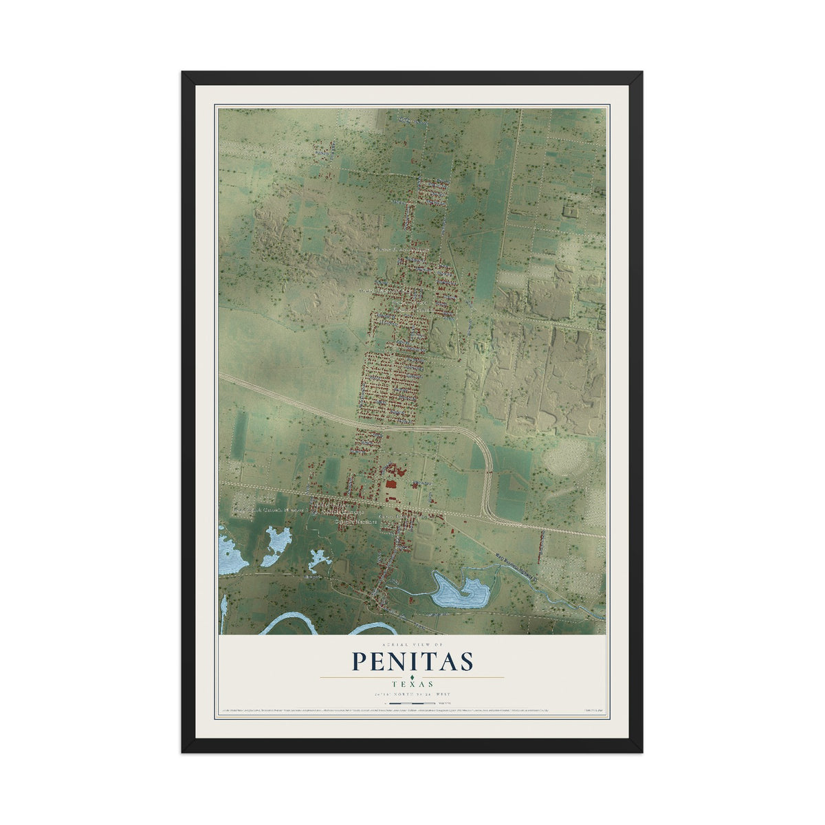 Map of Penitas, Texas, 12 x 18 inch print in a black wood frame