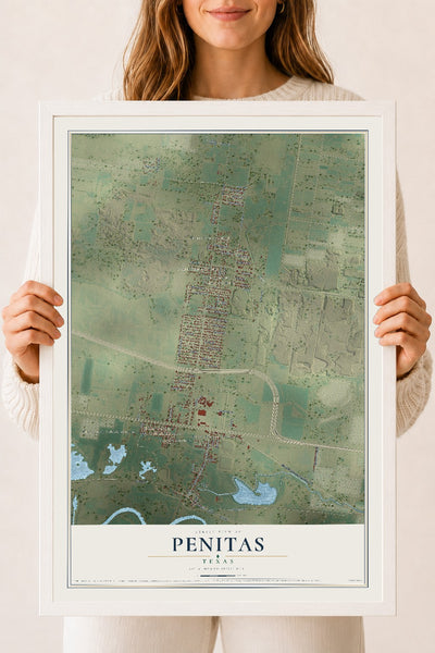Map of Penitas, Texas, 18 x 24 inch print in a white wood frame
