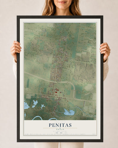 Map of Penitas, Texas, 24 x 36 inch print in a black wood frame