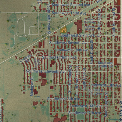 Close-up of the map of Perryton, Texas print showing street and building detail