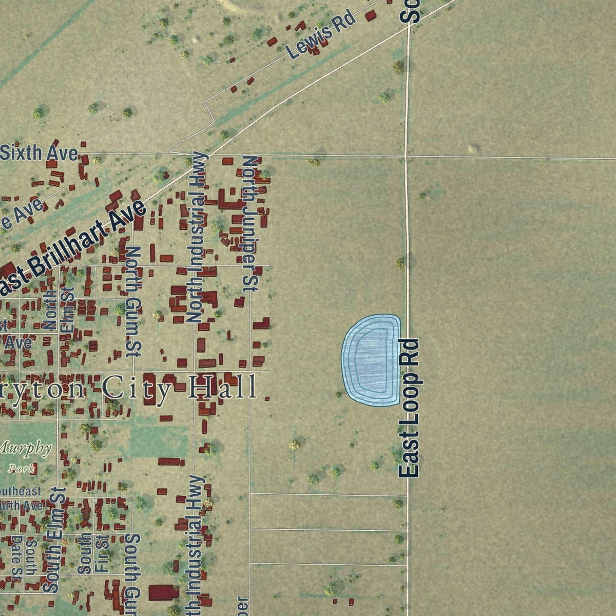 Second close-up of the map of Perryton, Texas print showing more streets and buildings