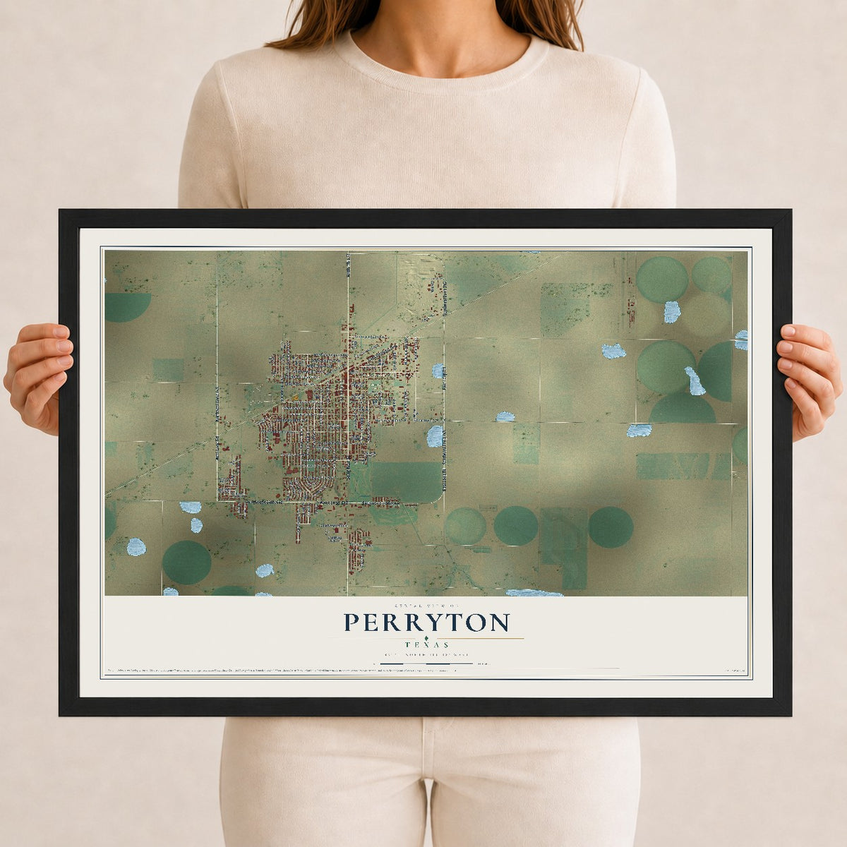 Map of Perryton, Texas, 12 x 18 inch print in a black wood frame