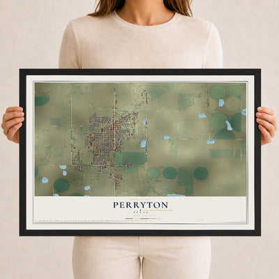 Map of Perryton, Texas, 12 x 18 inch print in a black wood frame
