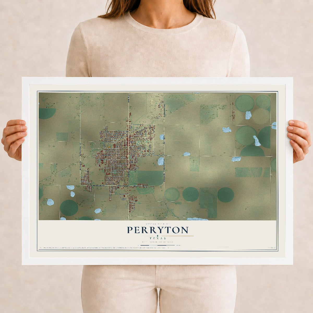 Map of Perryton, Texas, 12 x 18 inch print in a white wood frame