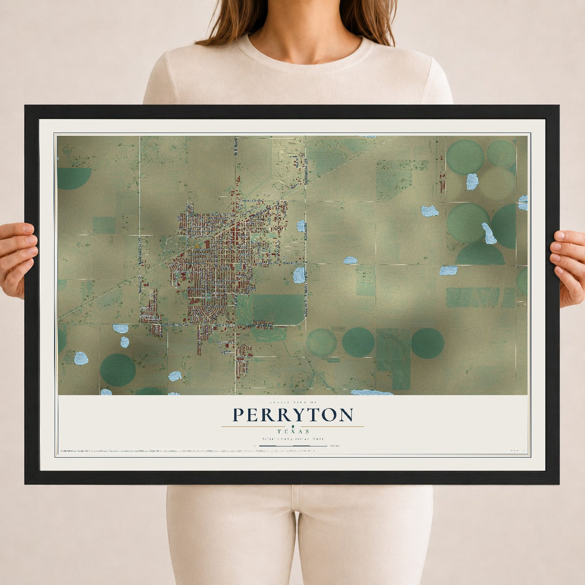 Map of Perryton, Texas, 18 x 24 inch print in a black wood frame