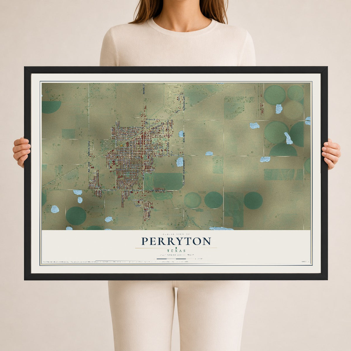 Map of Perryton, Texas, 24 x 36 inch print in a black wood frame