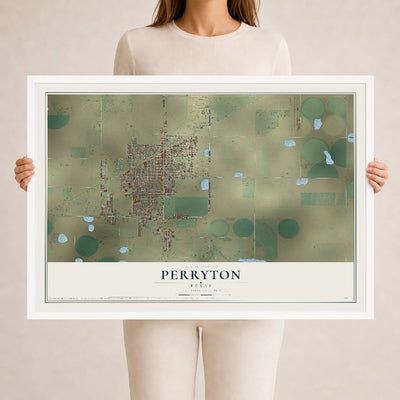 Map of Perryton, Texas, 24 x 36 inch print in a white wood frame