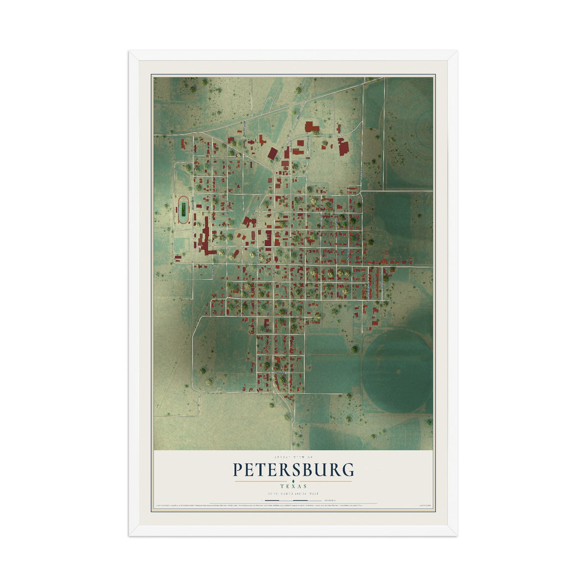 Map of Petersburg, Texas, 12 x 18 inch print in a white wood frame