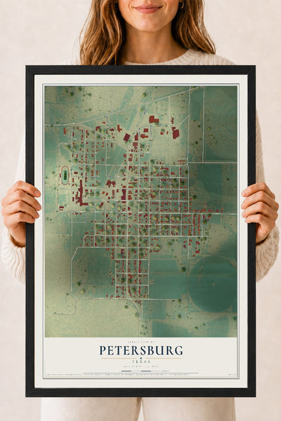 Map of Petersburg, Texas, 18 x 24 inch print in a black wood frame