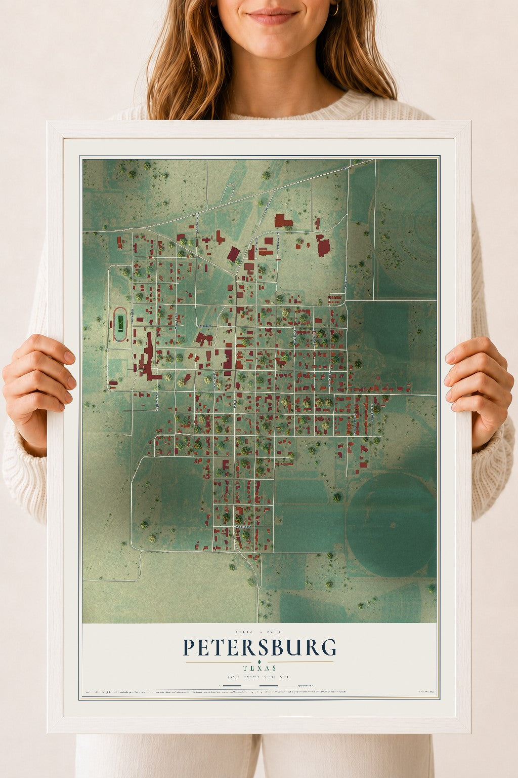 Map of Petersburg, Texas, 18 x 24 inch print in a white wood frame