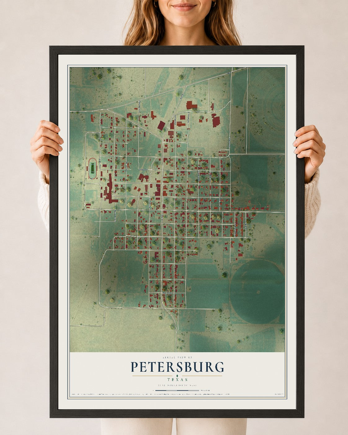 Map of Petersburg, Texas, 24 x 36 inch print in a black wood frame
