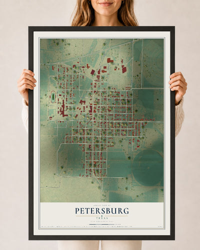 Map of Petersburg, Texas, 24 x 36 inch print in a black wood frame