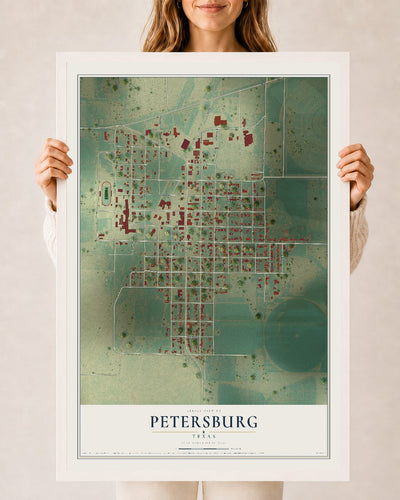 Map of Petersburg, Texas, 24 x 36 inch print in a white wood frame