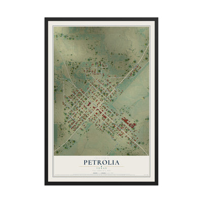 Map of Petrolia, Texas, 12 x 18 inch print in a black wood frame