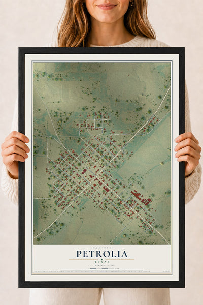 Map of Petrolia, Texas, 18 x 24 inch print in a black wood frame