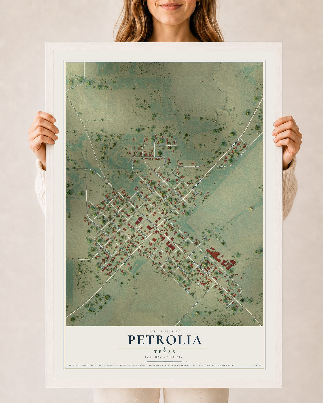 Map of Petrolia, Texas, 24 x 36 inch print in a white wood frame