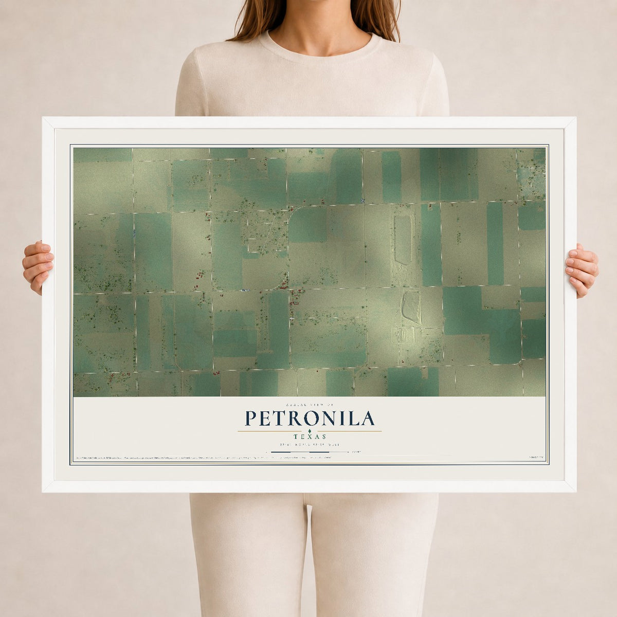 Map of Petronila, Texas, 24 x 36 inch print in a white wood frame