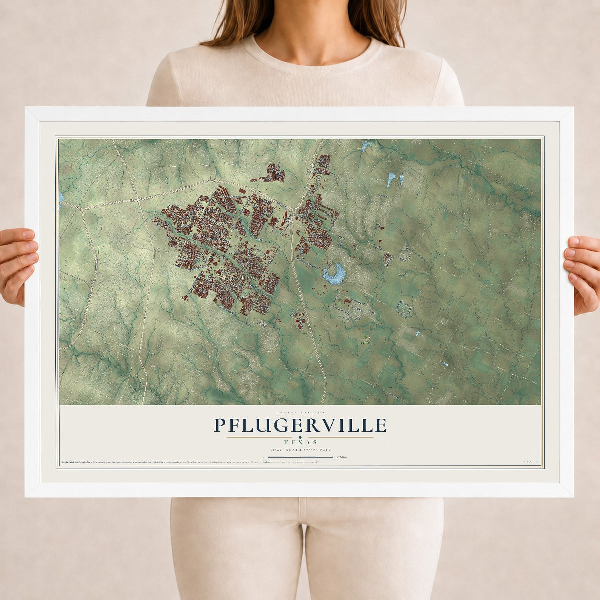 Map of Pflugerville, Texas, 18 x 24 inch print in a white wood frame