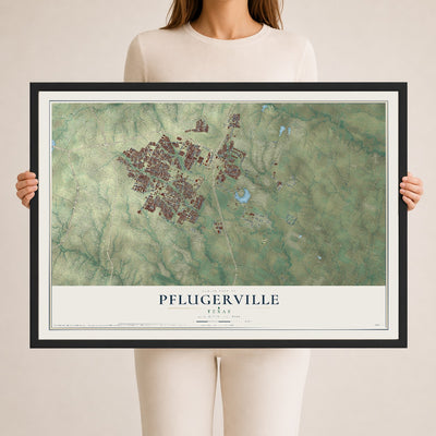 Map of Pflugerville, Texas, 24 x 36 inch print in a black wood frame
