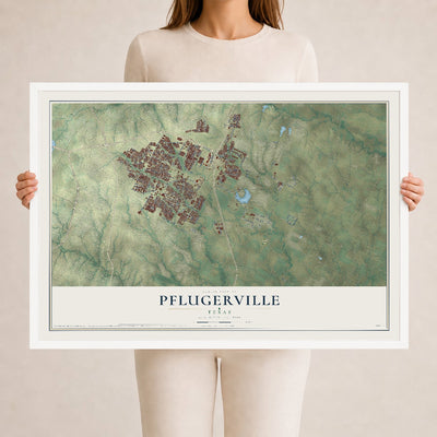 Map of Pflugerville, Texas, 24 x 36 inch print in a white wood frame