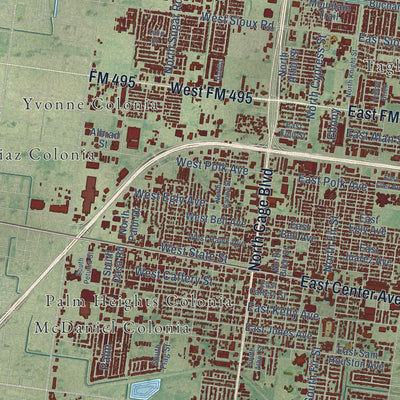 Close-up of the map of Pharr, Texas print showing street and building detail