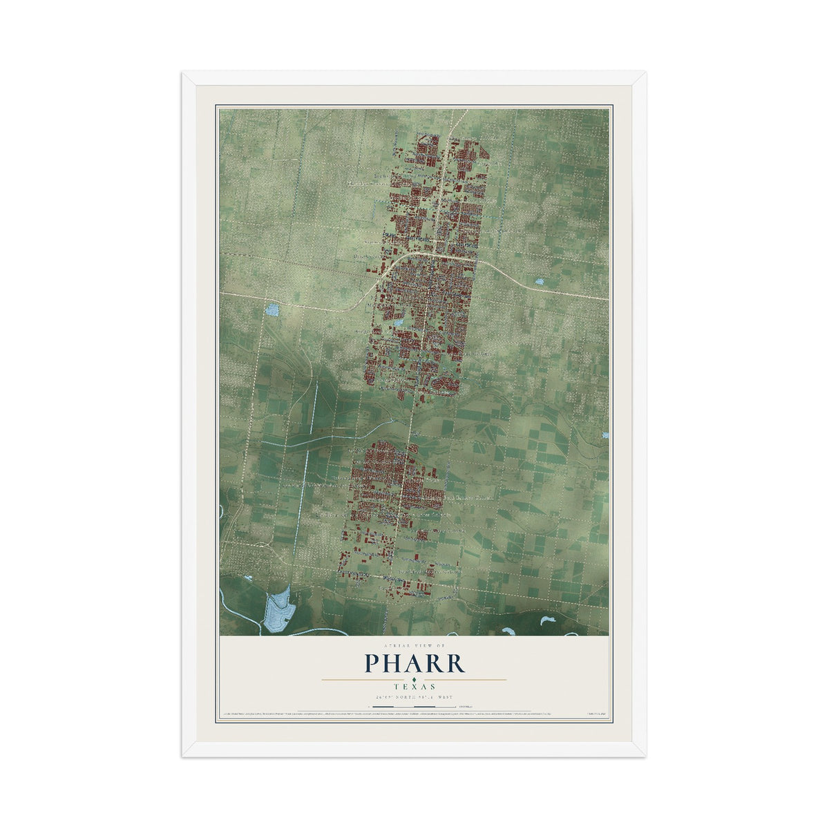 Map of Pharr, Texas, 12 x 18 inch print in a white wood frame
