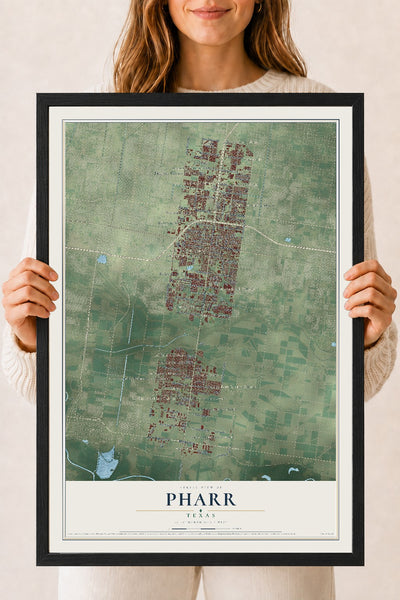Map of Pharr, Texas, 18 x 24 inch print in a black wood frame