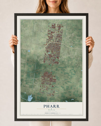 Map of Pharr, Texas, 24 x 36 inch print in a black wood frame